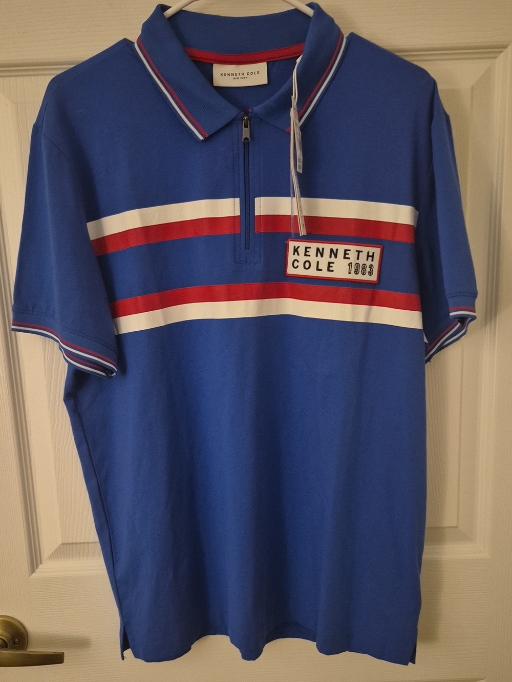 Nwt Kenneth Cole Men’s Royal Blue Zip Polo with Red & White Stripes